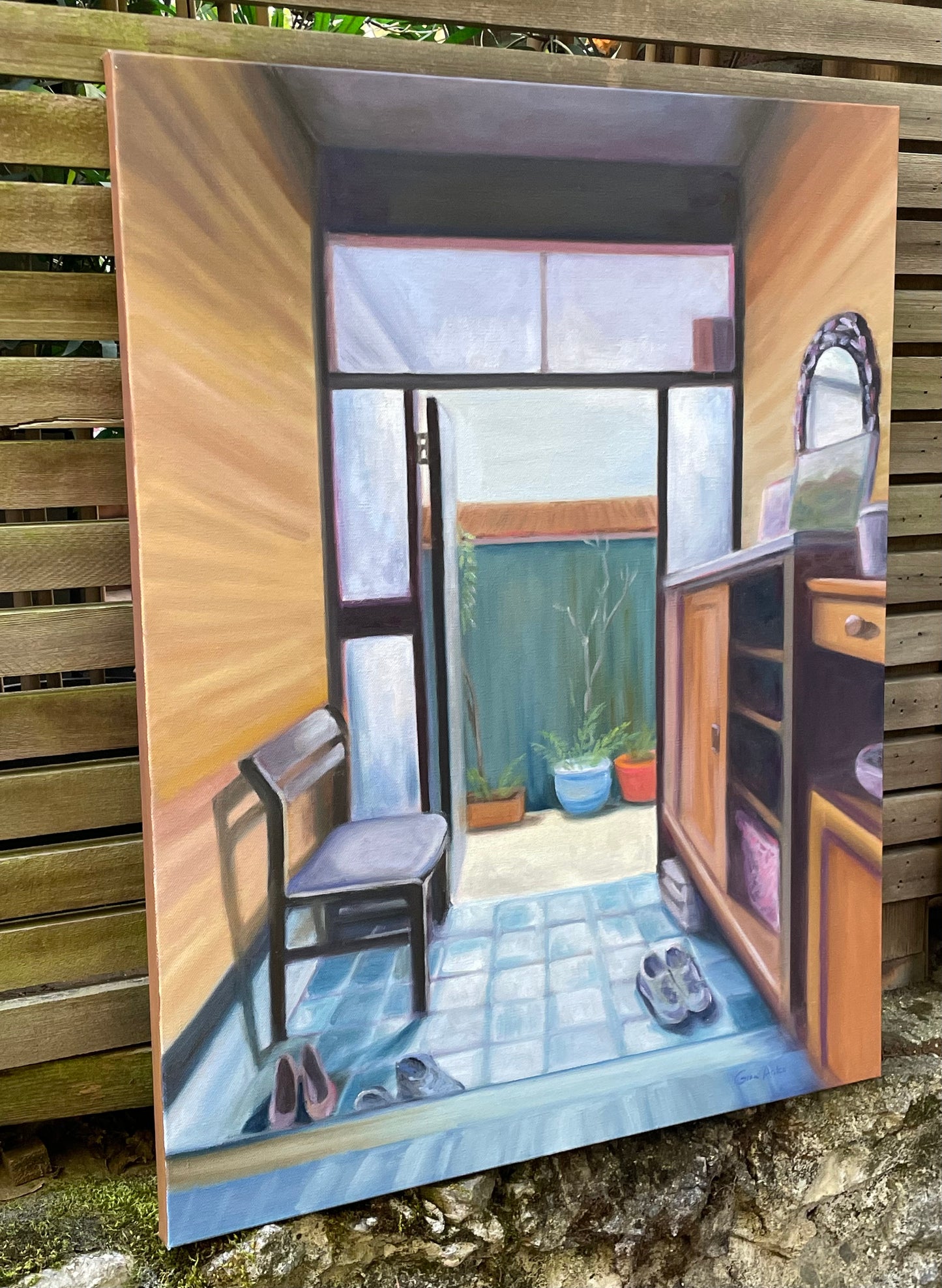 oil painting of the entryway of a Japanese house with view of a garden out the front door