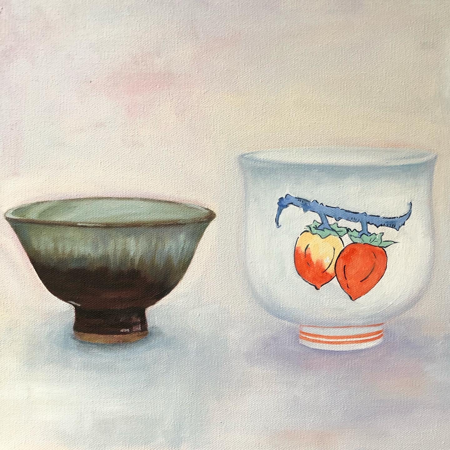 close up of two traditional Japanese ceramic cups oil painting
