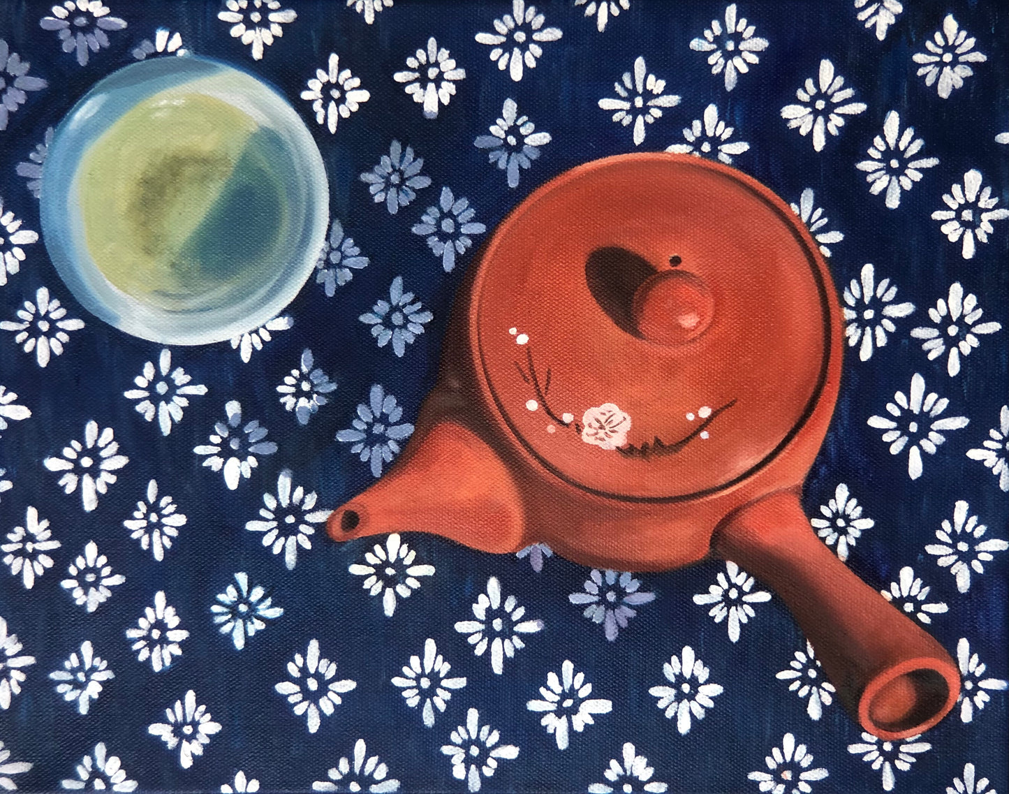 still life oil painting overhead view of traditional terra cotta Japanese teapot and cup of green tea on an indigo shibori tablecloth