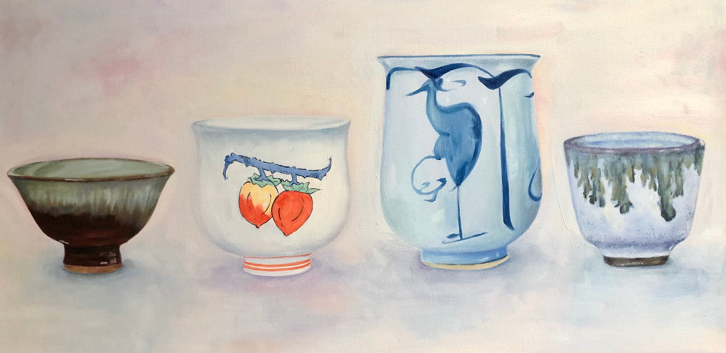 still life oil painting of four traditional Japanese ceramic sake cups