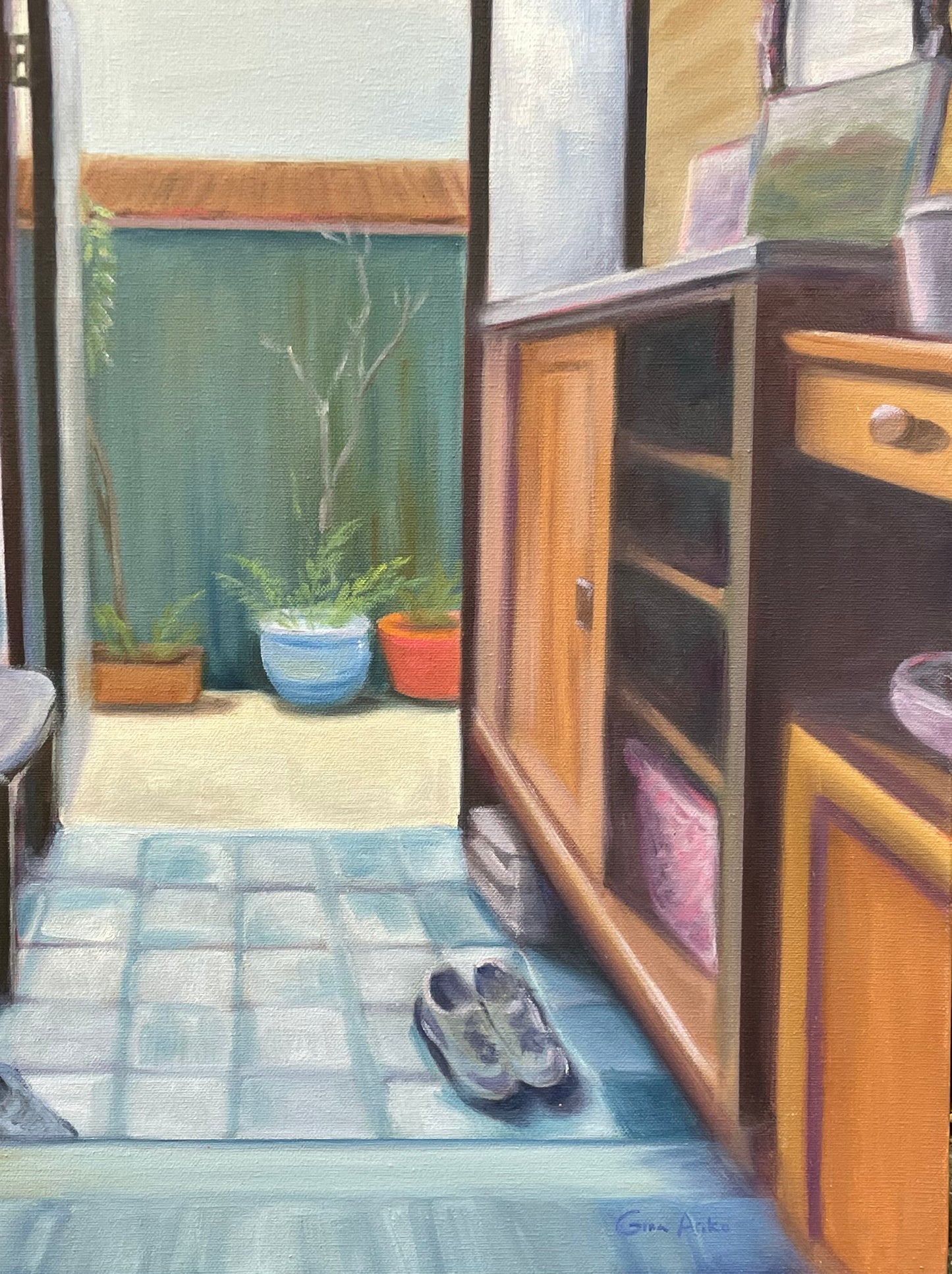 oil painting of the entryway of a Japanese house with view of a garden out the front door