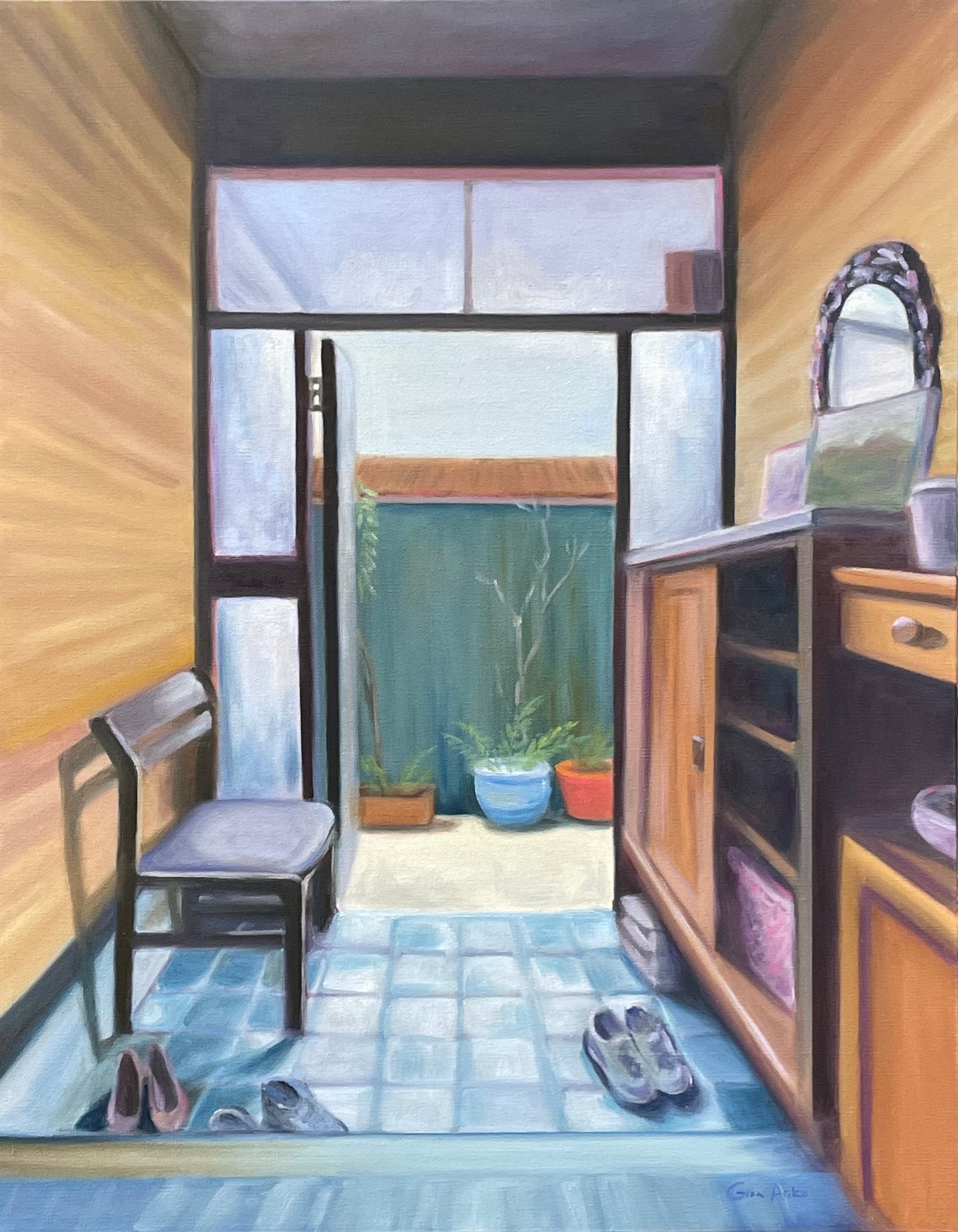 oil painting of the entryway of a Japanese house with view of a garden out the front door