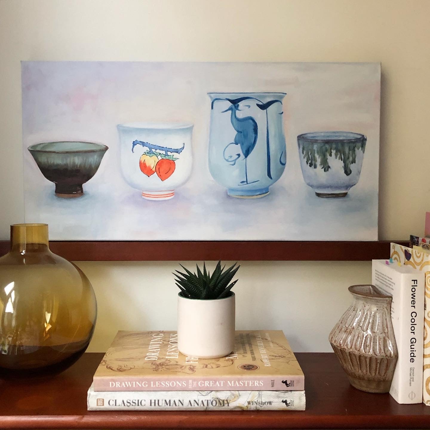 still life oil painting of four traditional Japanese ceramic sake cups interior design styled