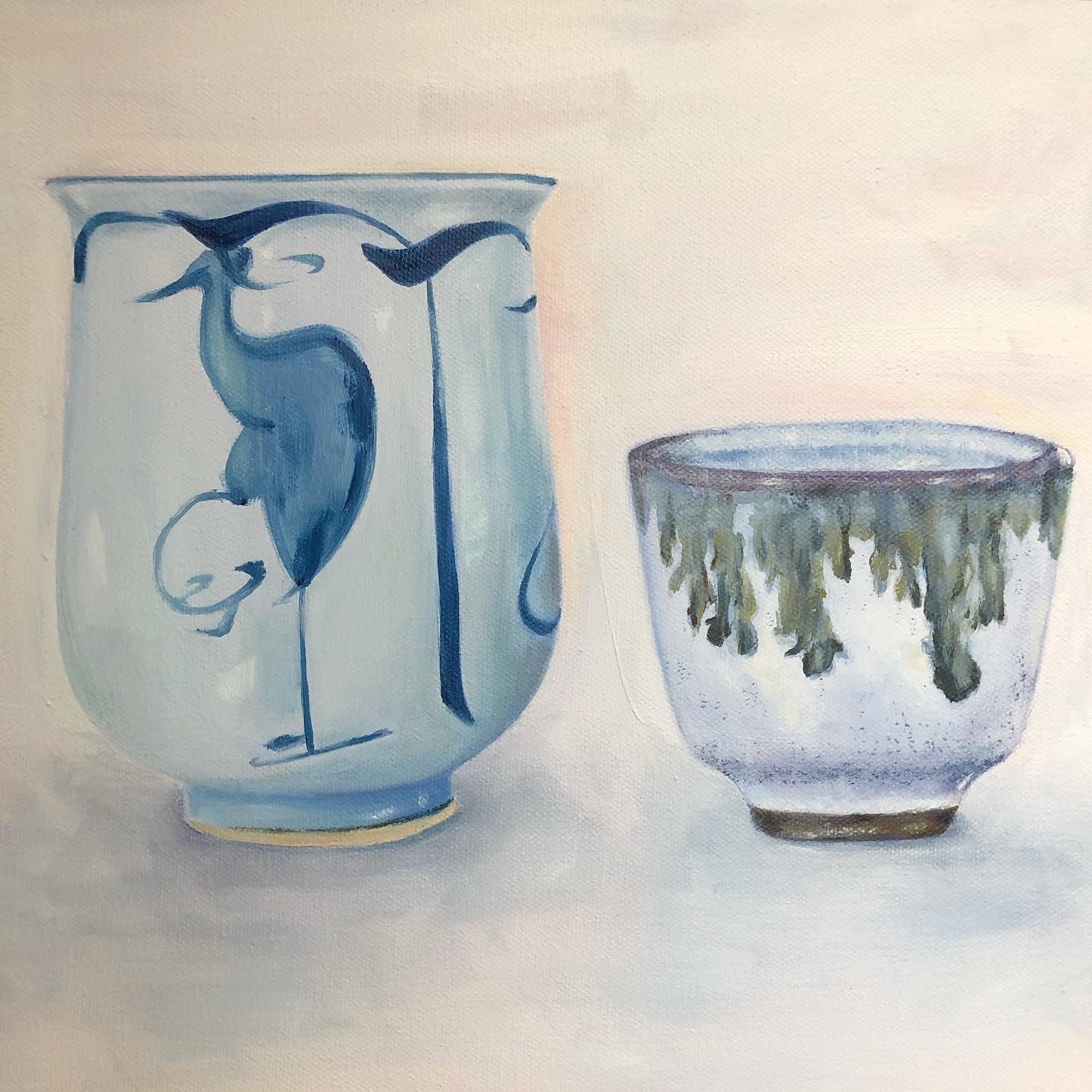 oil painting of two traditional Japanese ceramic sake cups, including crane
