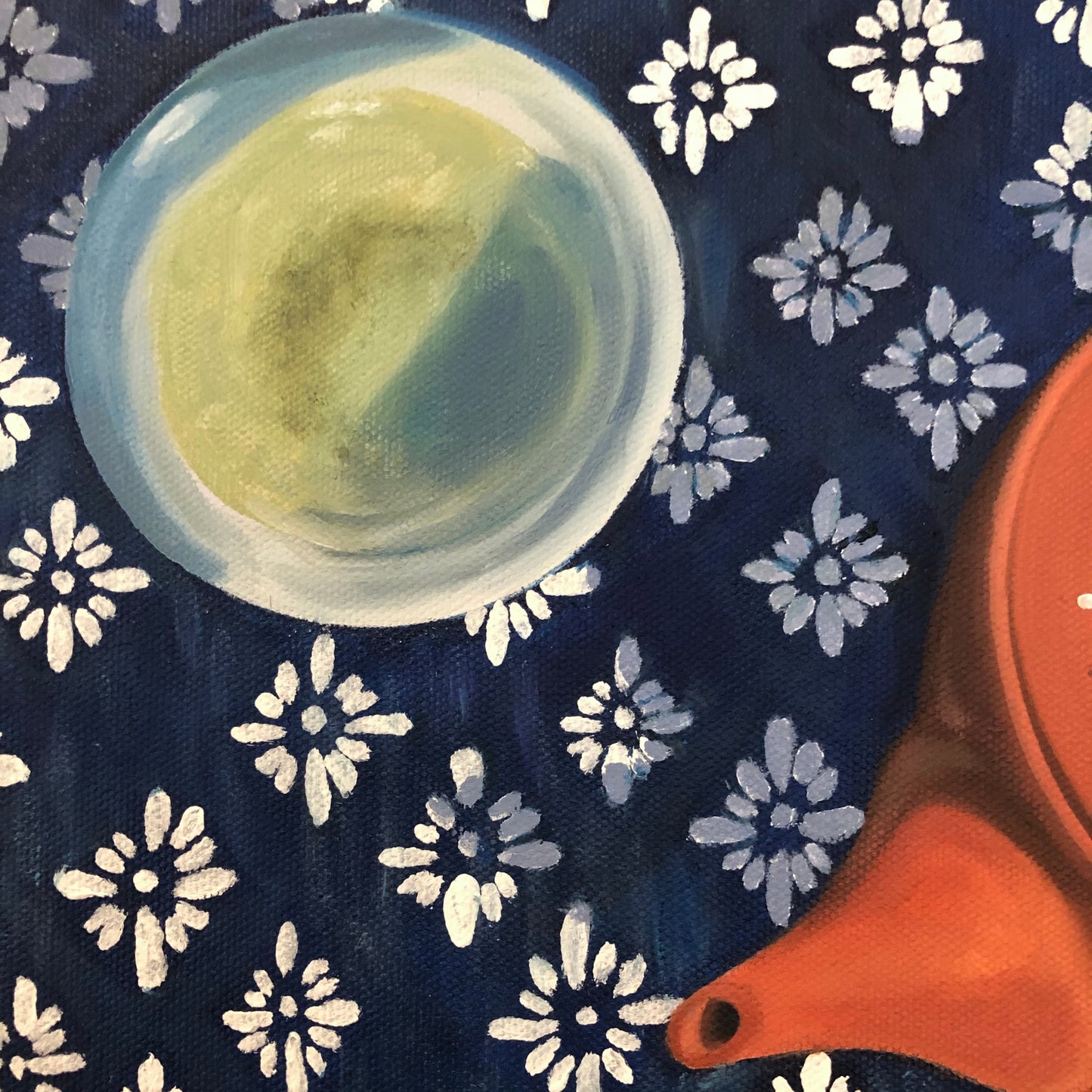 still life oil painting overhead view  of cup of green tea on an indigo shibori tablecloth