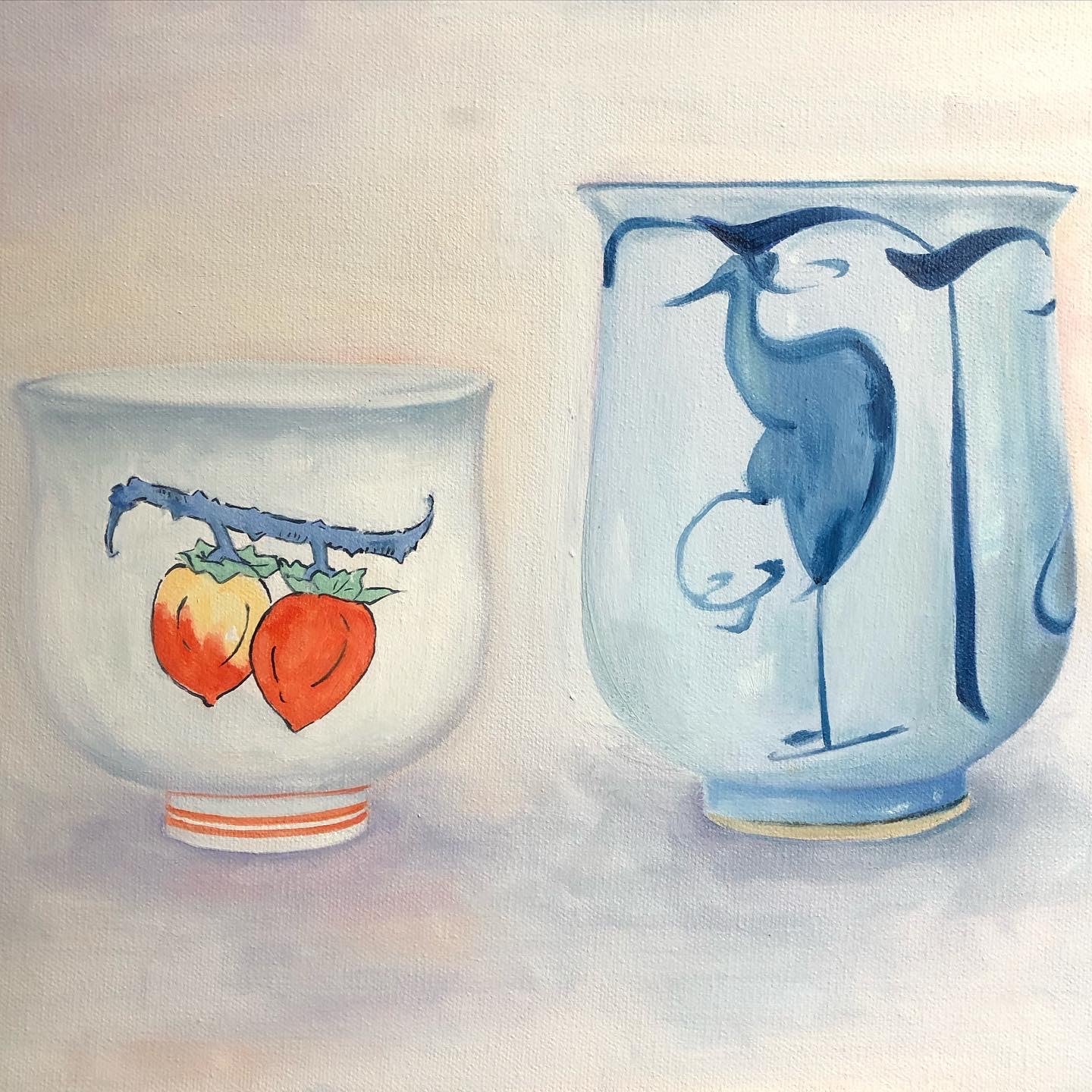 oil painting of two traditional Japanese ceramic sake cups, including persimmons and crane