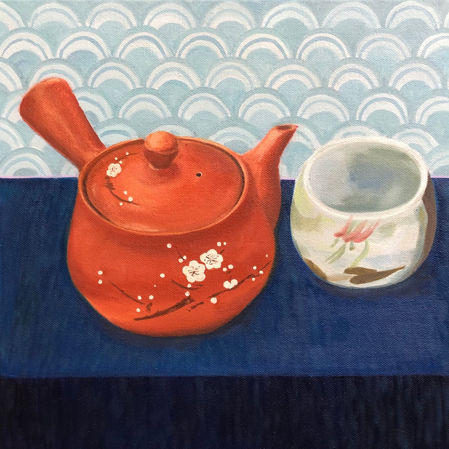 still life oil painting of terra cotta traditional Japanese teapot with painted sakura branch and blossoms next to hand-painted teacup, in front of blue and white patterned wall